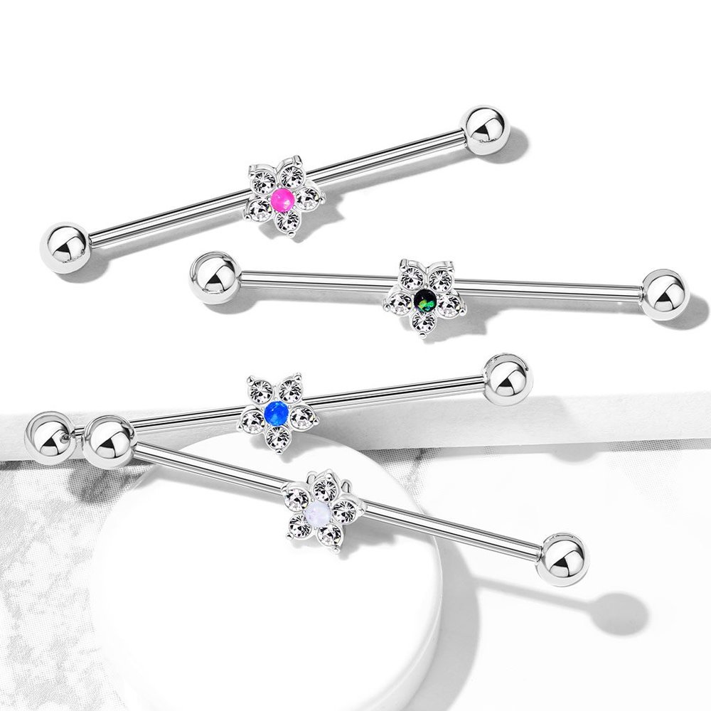 CZ Flower with Opal Glitter Center 316L Surgical Steel Industrial Barbells